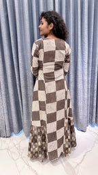 Checkered Block Print Maxi Dress with Mirror Work Embroidery & Floral Accents