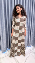 Checkered Block Print Maxi Dress with Mirror Work Embroidery & Floral Accents