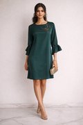 Emerald Green Shift Dress with Floral Embroidery & Flared Sleeves