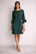 Emerald Green Shift Dress with Floral Embroidery & Flared Sleeves