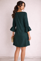 Emerald Green Shift Dress with Floral Embroidery & Flared Sleeves