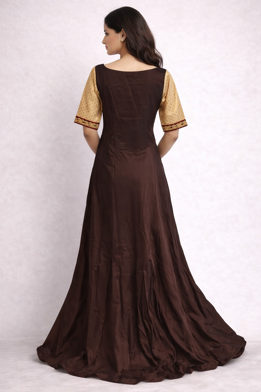 Coffee Brown Silk Anarkali Gown with Contrasting Brocade Sleeves
