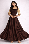 Coffee Brown Silk Anarkali Gown with Contrasting Brocade Sleeves