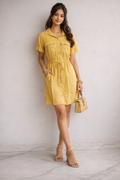Mustard Yellow Button-Down Shirt Dress with Drawstring Waist & Cargo Pockets