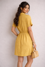 Mustard Yellow Button-Down Shirt Dress with Drawstring Waist & Cargo Pockets