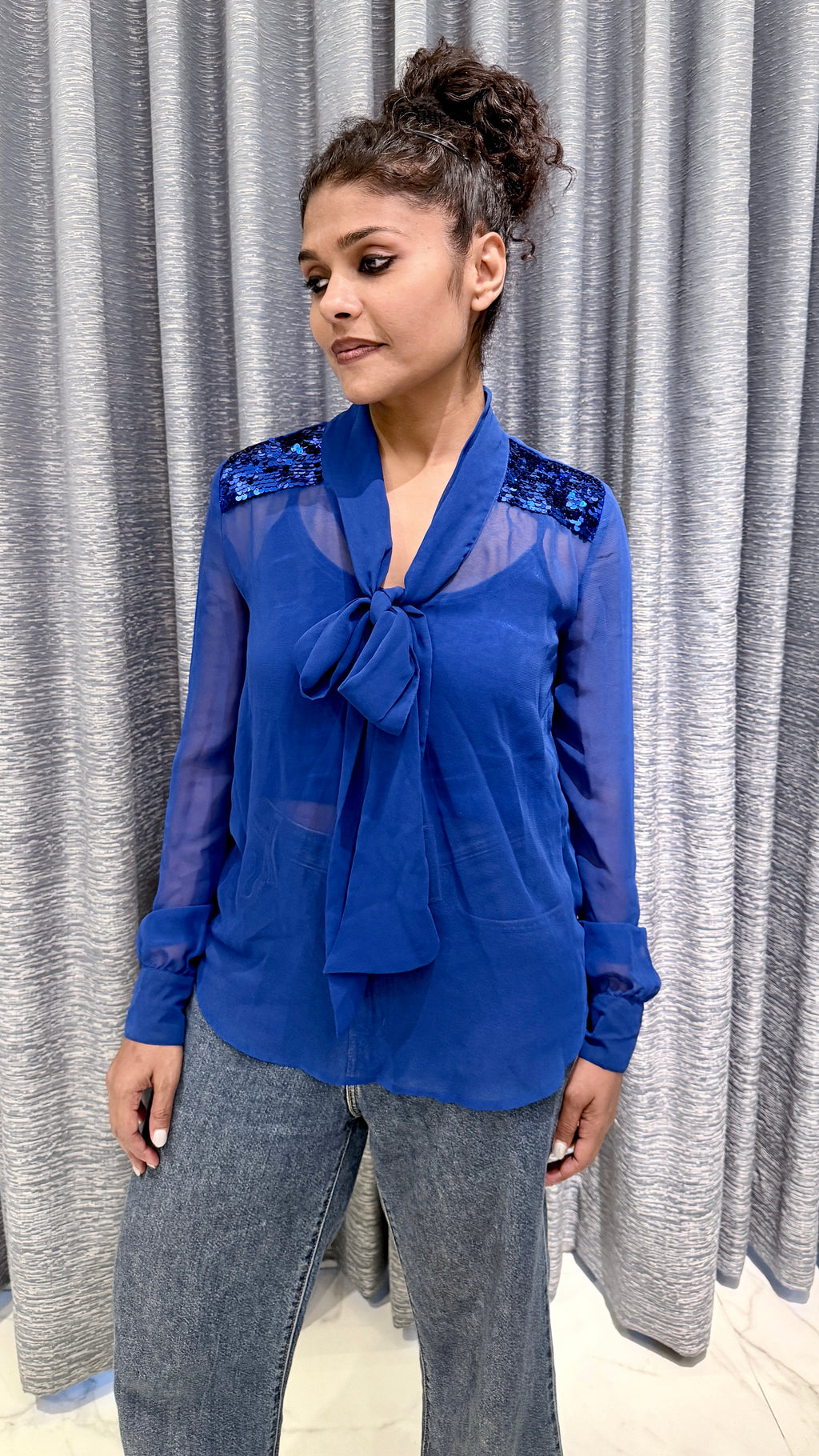 Royal Blue Sequin Shoulder Tie-Neck Top