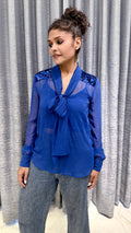 Royal Blue Sequin Shoulder Tie-Neck Top