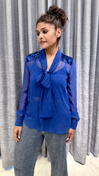 Royal Blue Sequin Shoulder Tie-Neck Top
