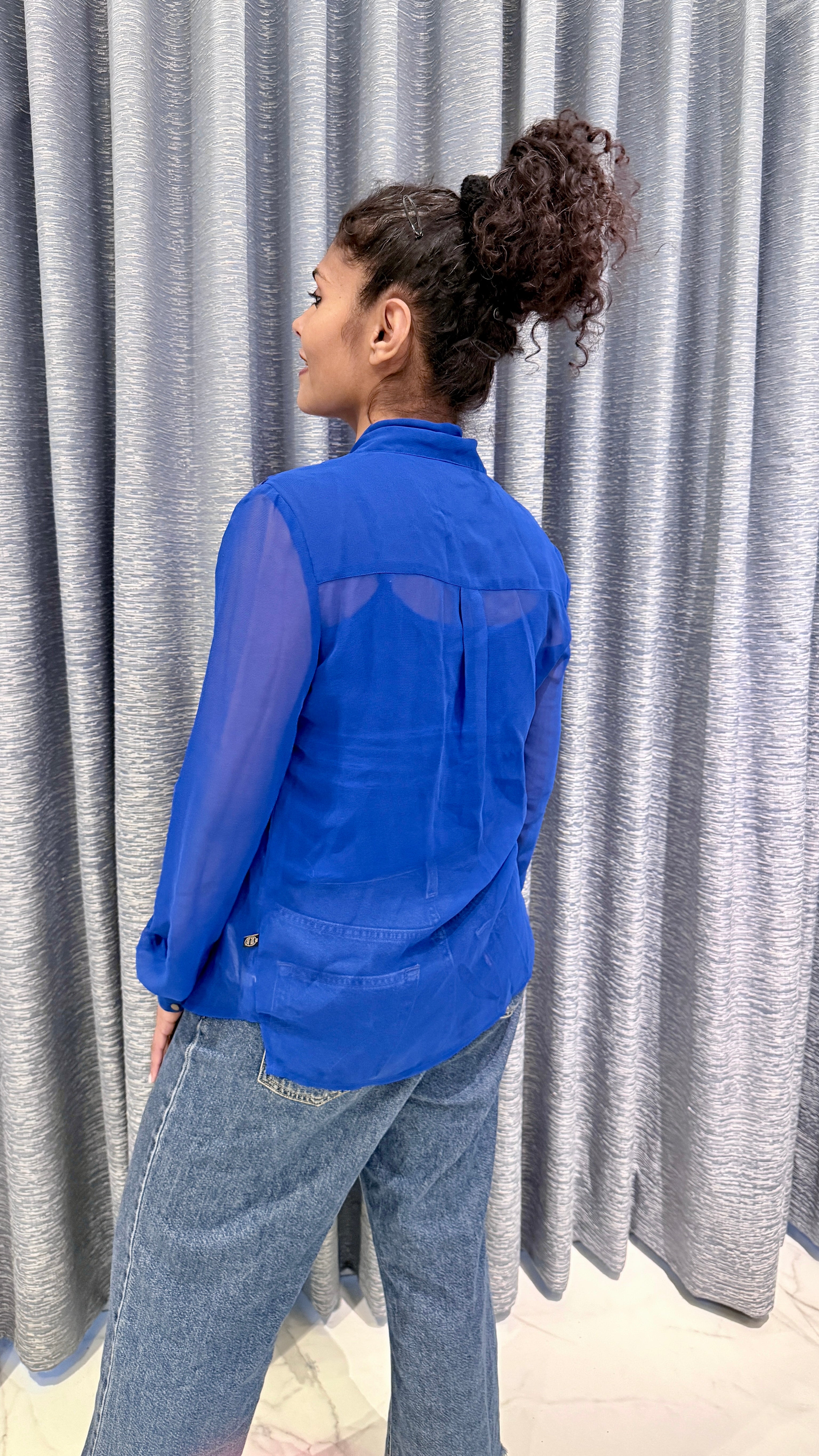 Royal Blue Sequin Shoulder Tie-Neck Top