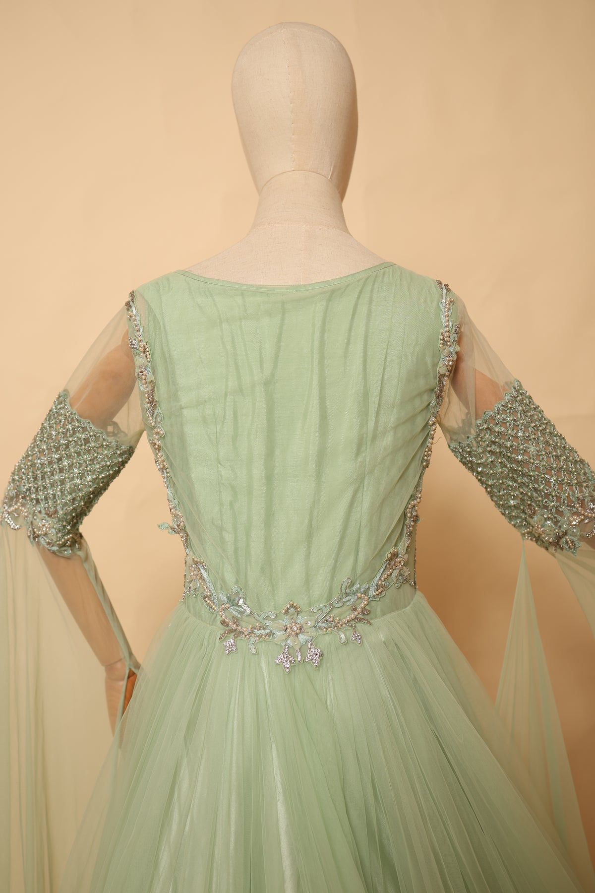 Pastel Mint Green Embellished Floor-Length Gown