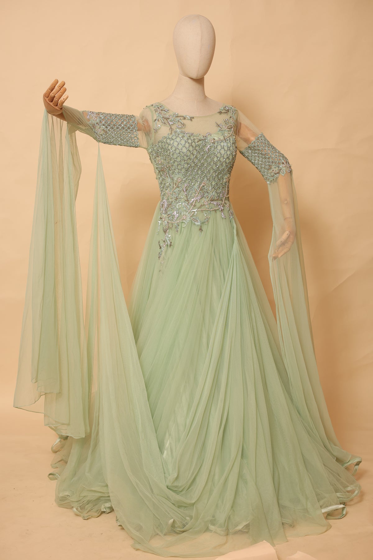 Pastel Mint Green Embellished Floor-Length Gown