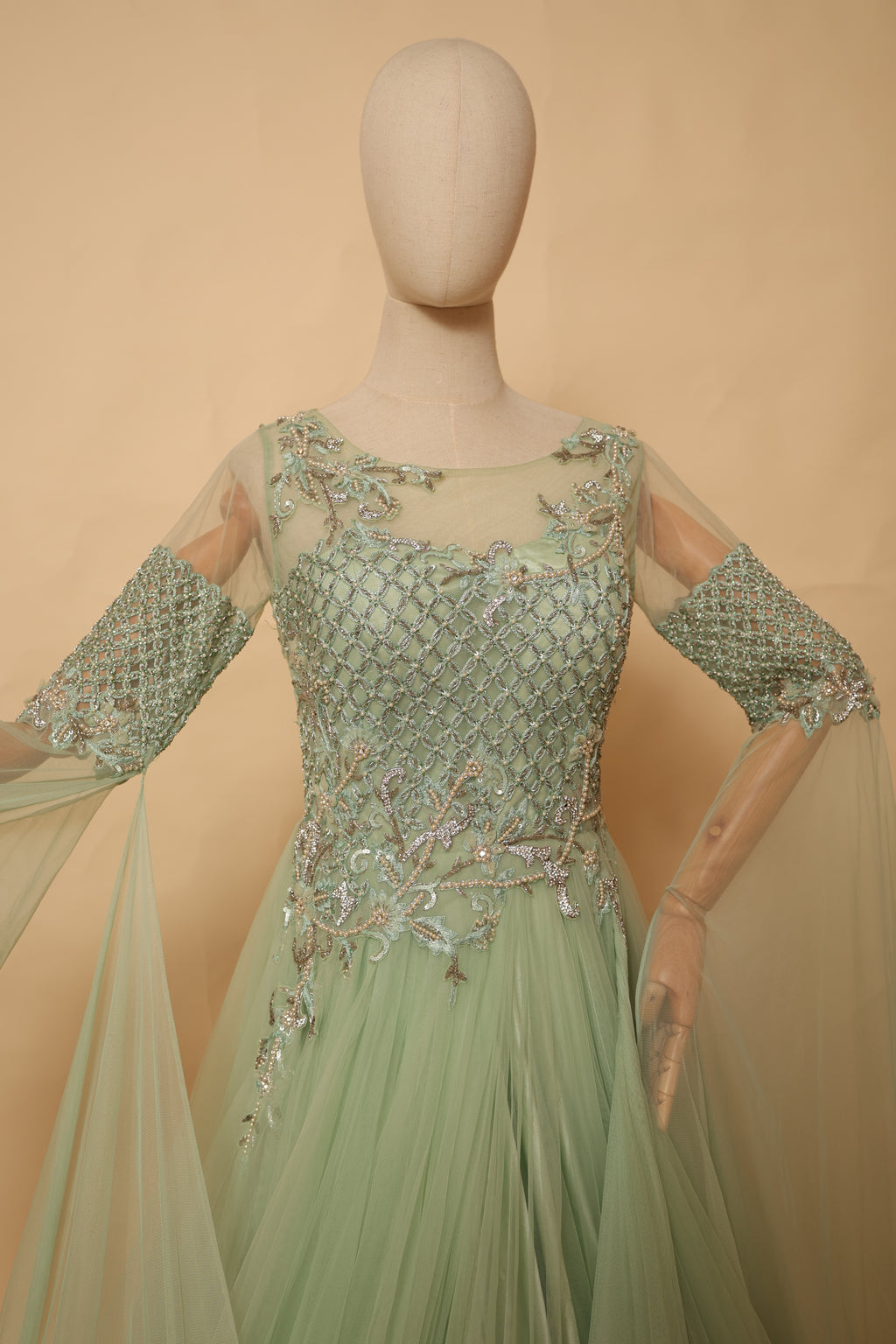 Pastel Mint Green Embellished Floor-Length Gown