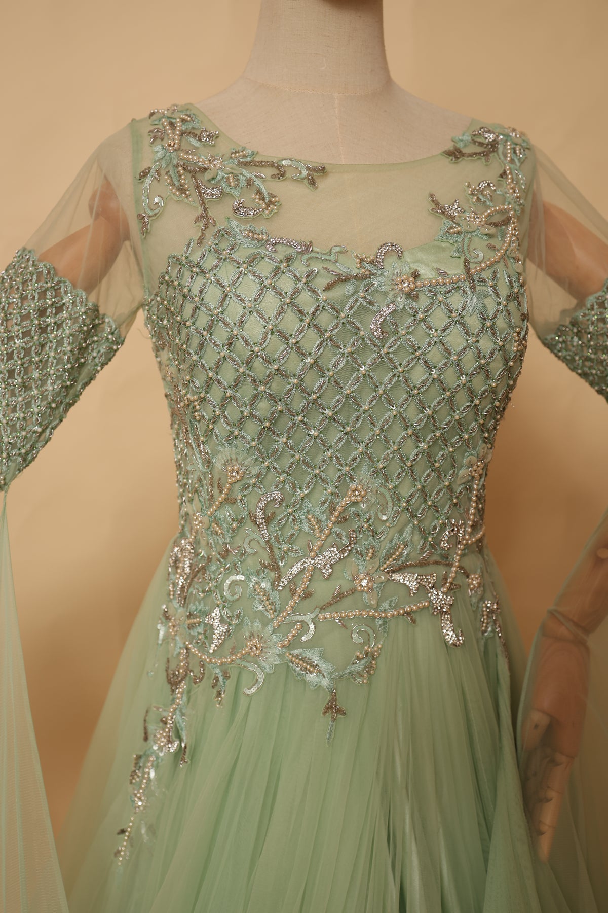 Pastel Mint Green Embellished Floor-Length Gown
