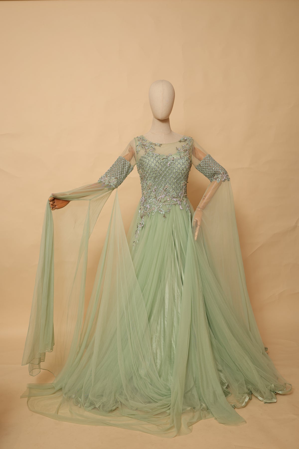 Pastel Mint Green Embellished Floor-Length Gown