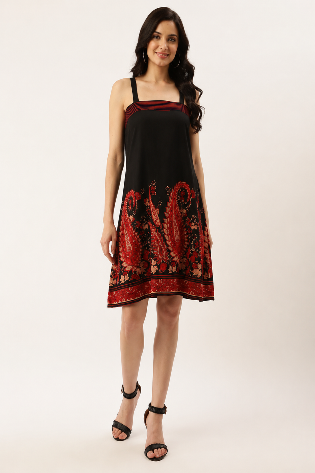 Black & Red Paisley Print Strappy A-Line Dress