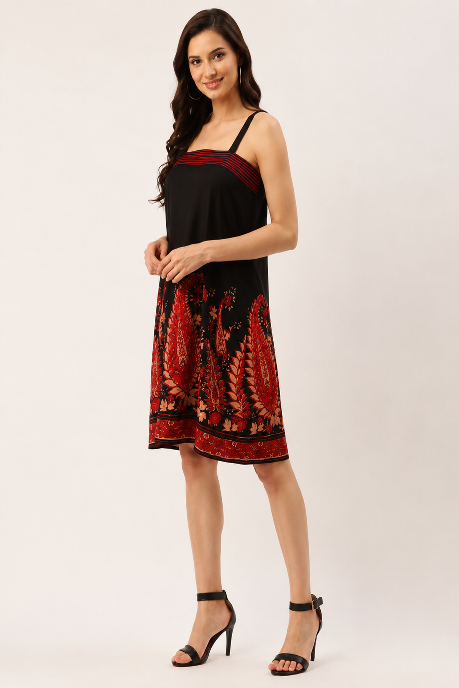 Black & Red Paisley Print Strappy A-Line Dress