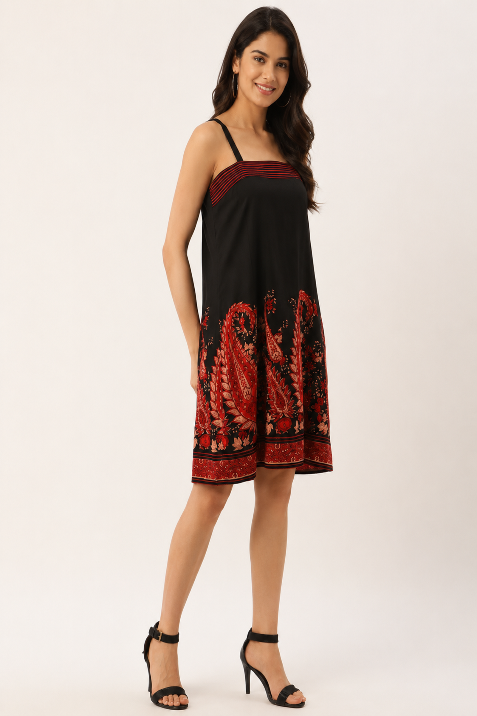 Black & Red Paisley Print Strappy A-Line Dress