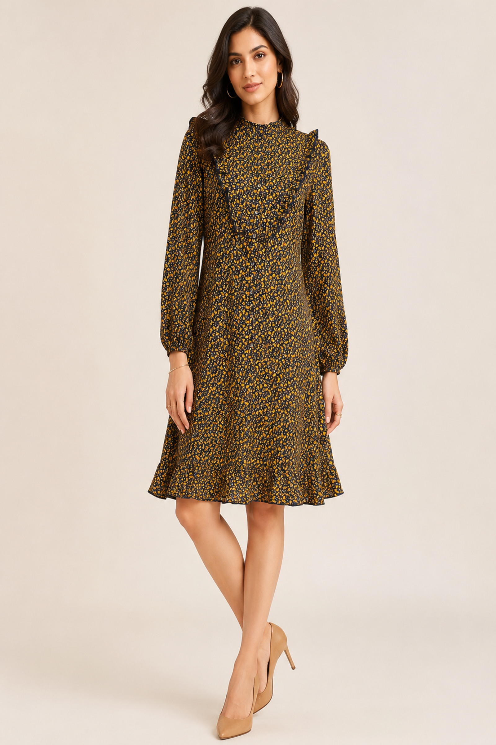Chic High Neck Floral Midi Dress