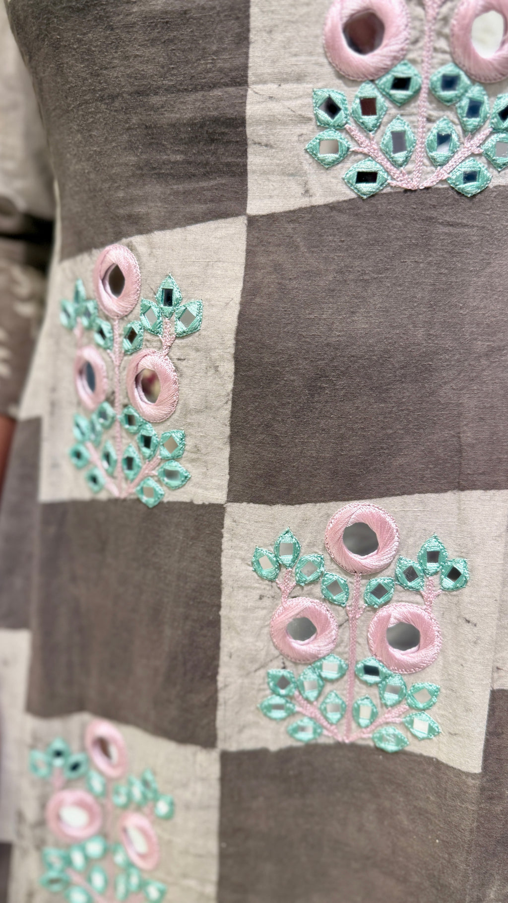 Checkered Block Print Maxi Dress with Mirror Work Embroidery & Floral Accents