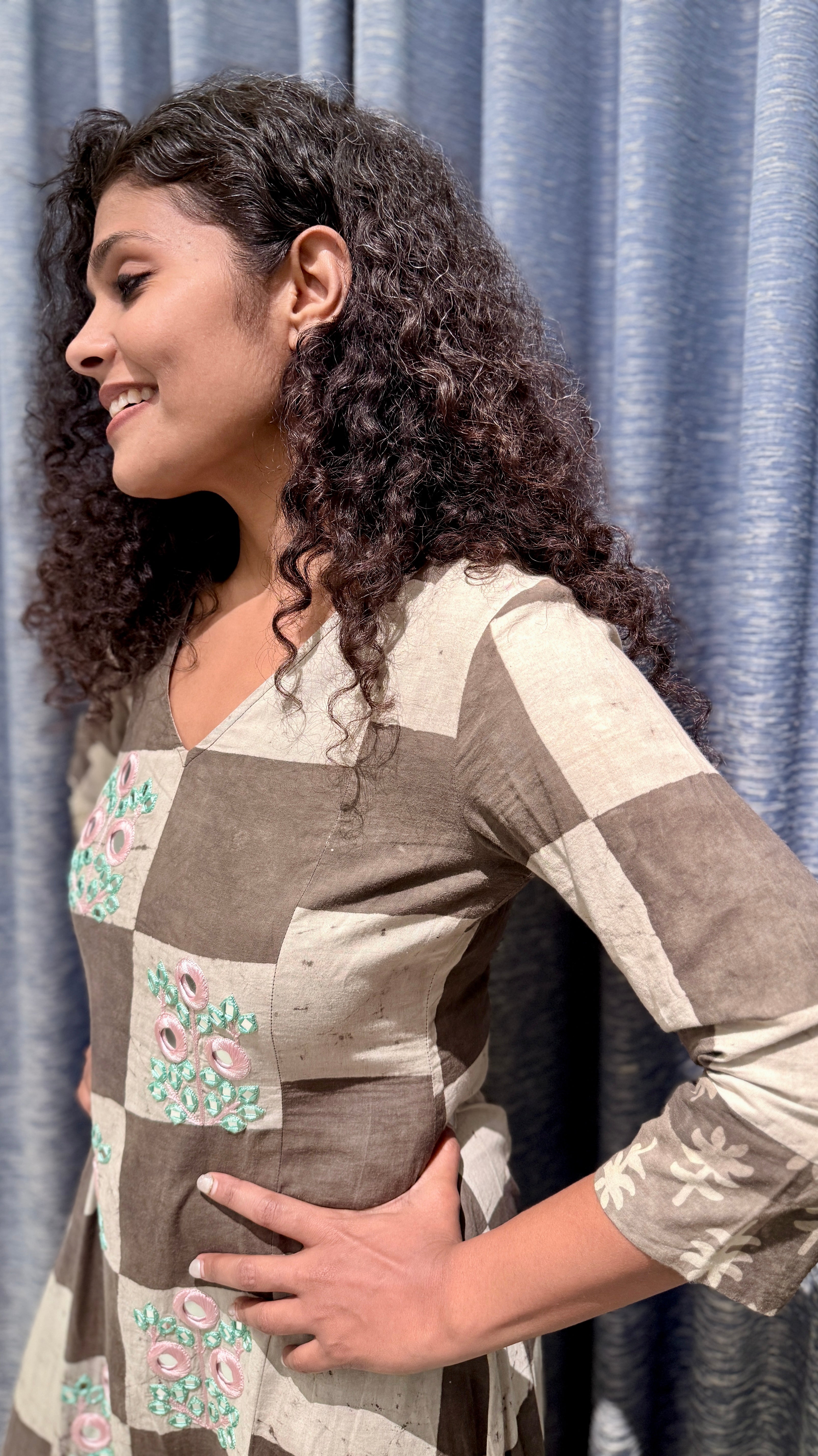 Checkered Block Print Maxi Dress with Mirror Work Embroidery & Floral Accents