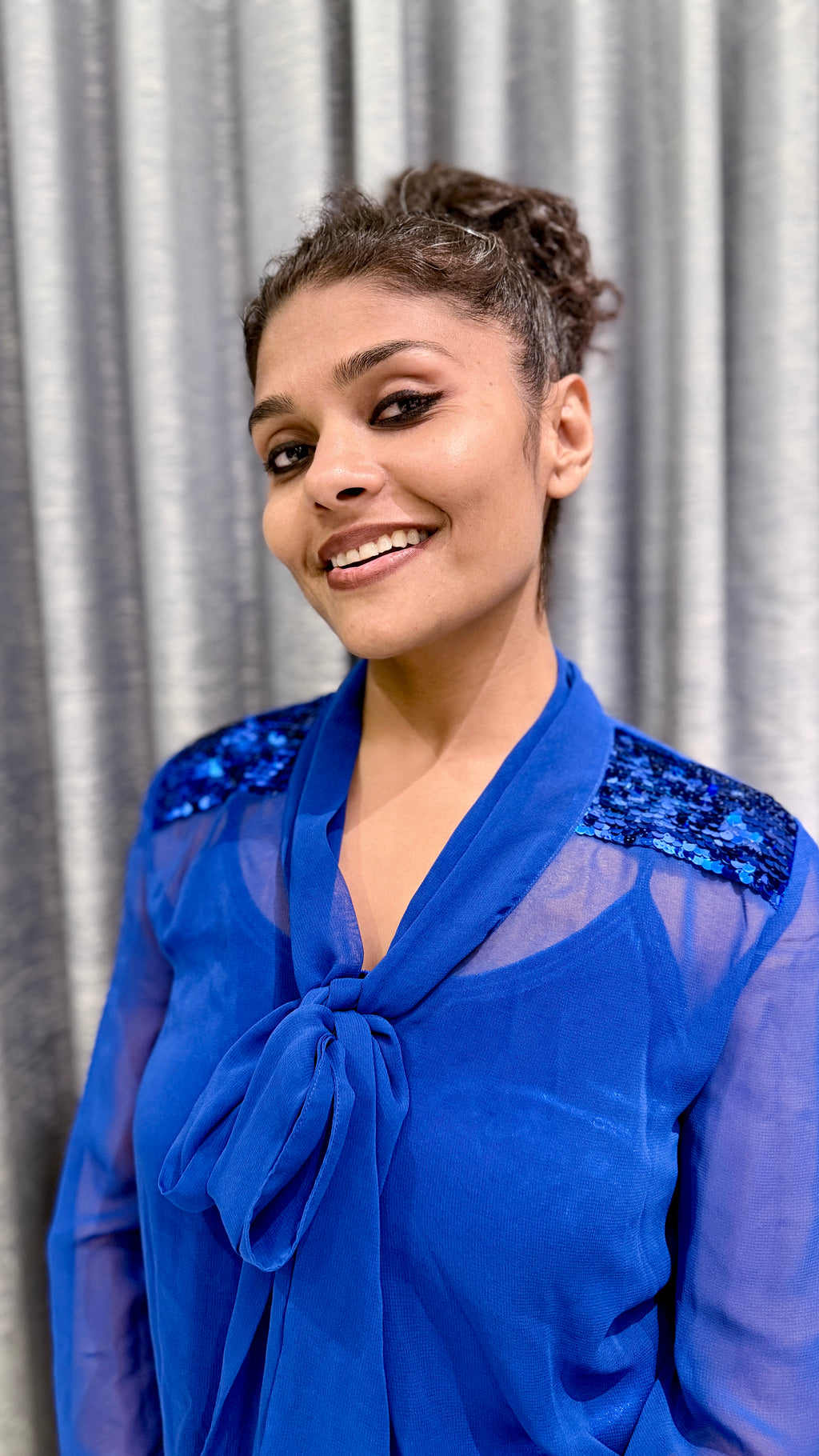 Royal Blue Sequin Shoulder Tie-Neck Top
