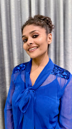 Royal Blue Sequin Shoulder Tie-Neck Top