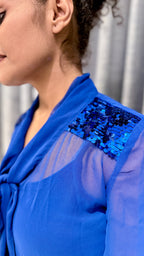 Royal Blue Sequin Shoulder Tie-Neck Top