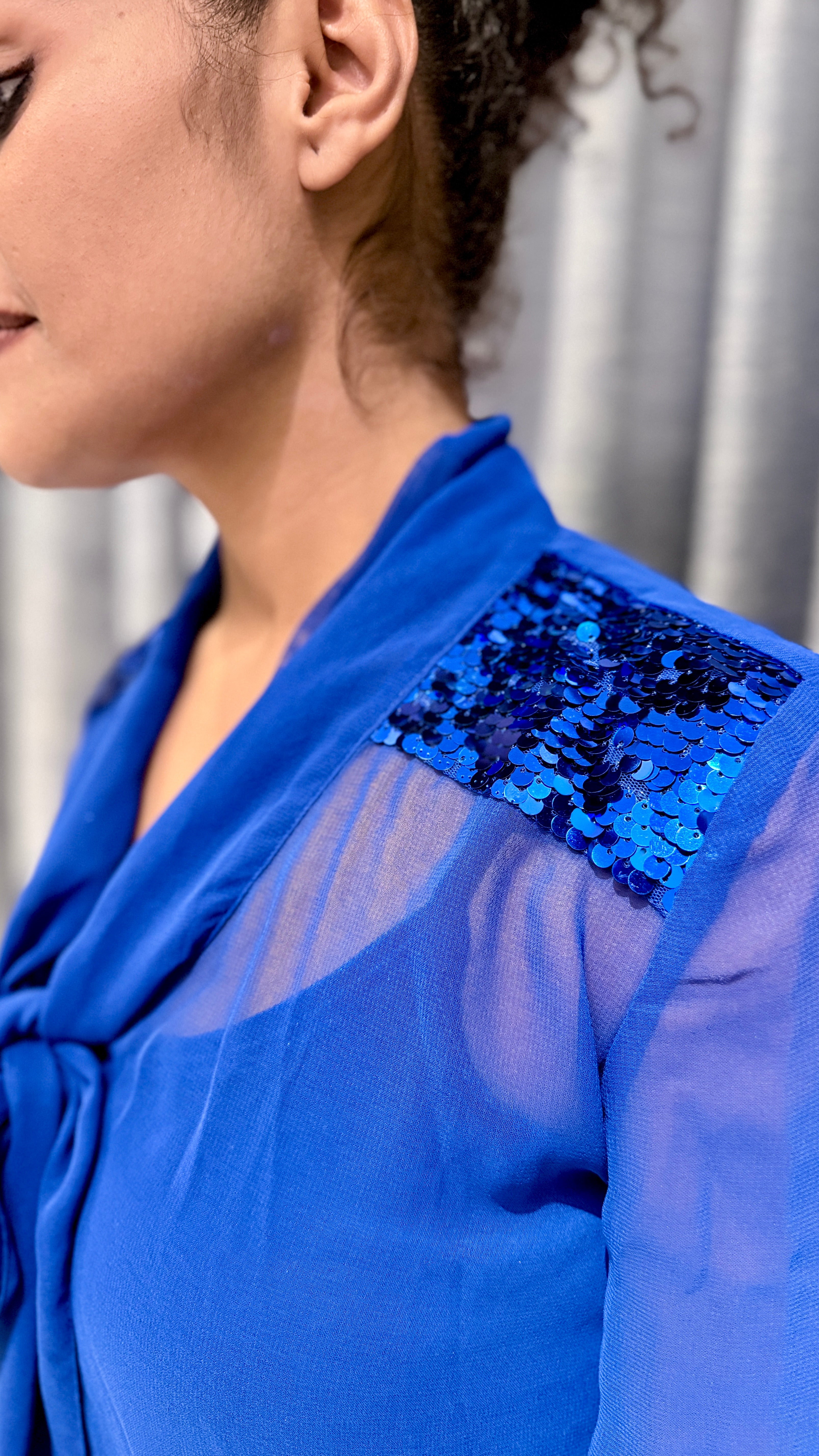 Royal Blue Sequin Shoulder Tie-Neck Top