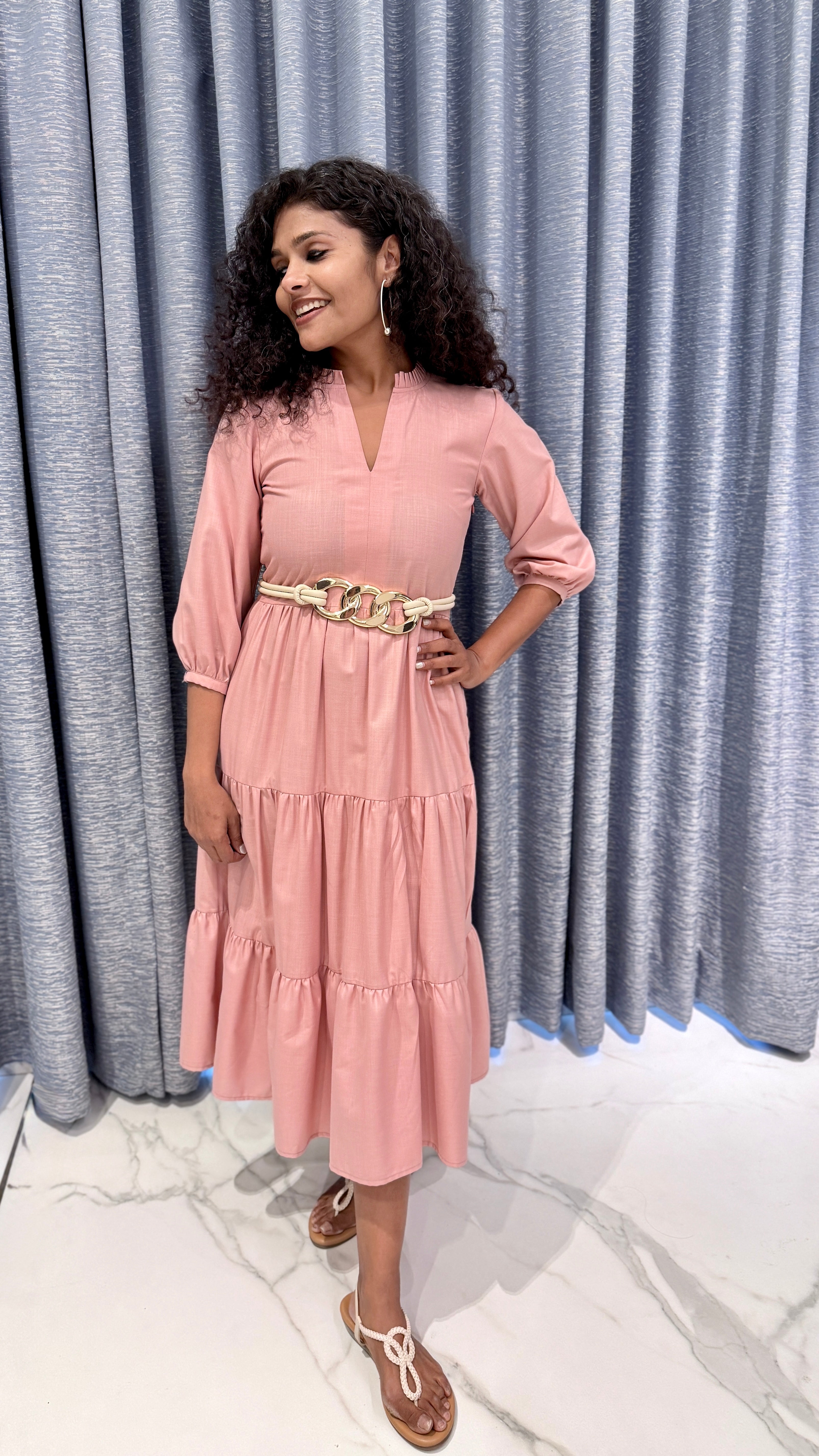 Dusty Rose Cotton Tiered Maxi – 3/4 Puff Sleeve Dress