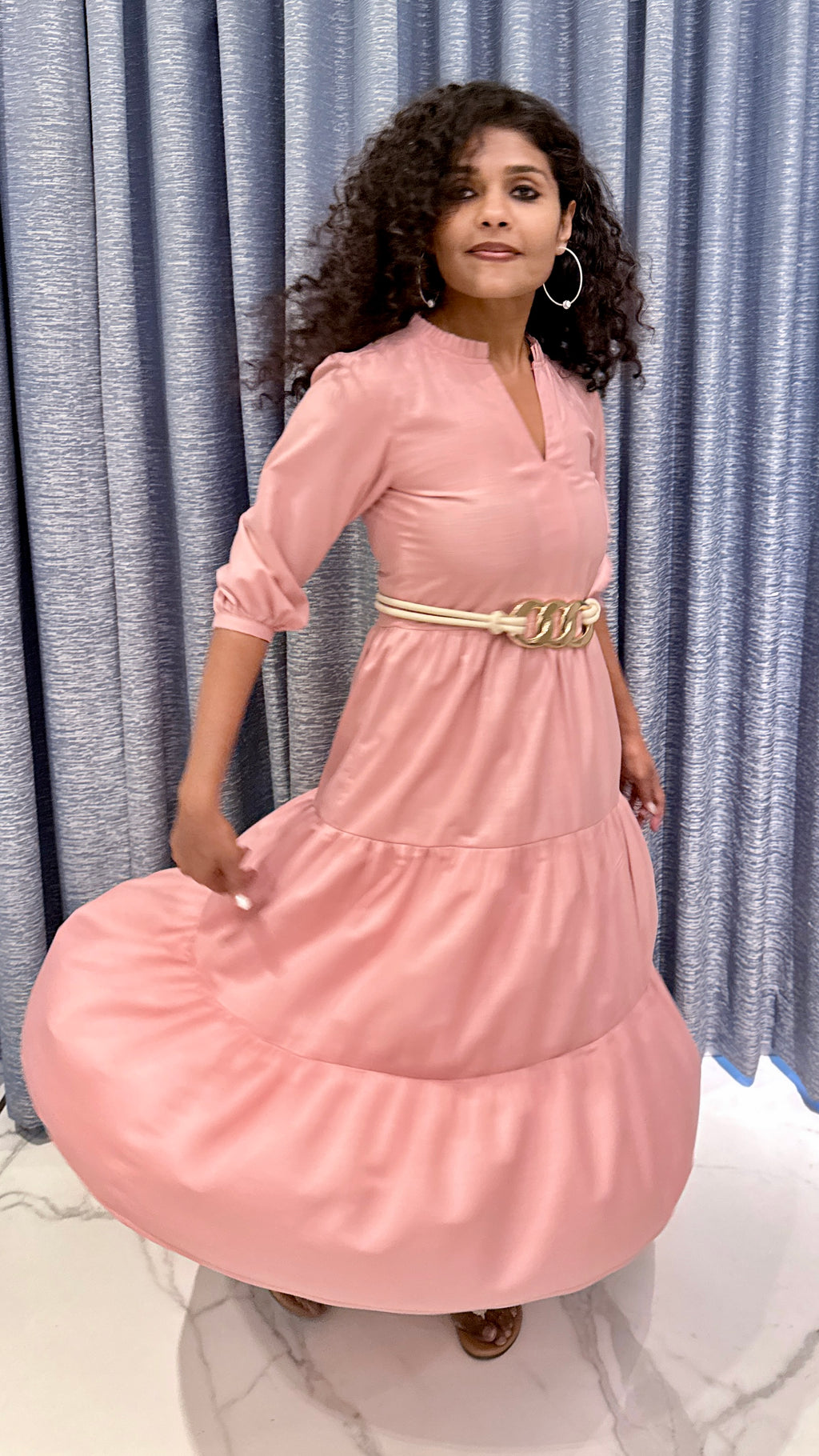 Dusty Rose Cotton Tiered Maxi – 3/4 Puff Sleeve Dress