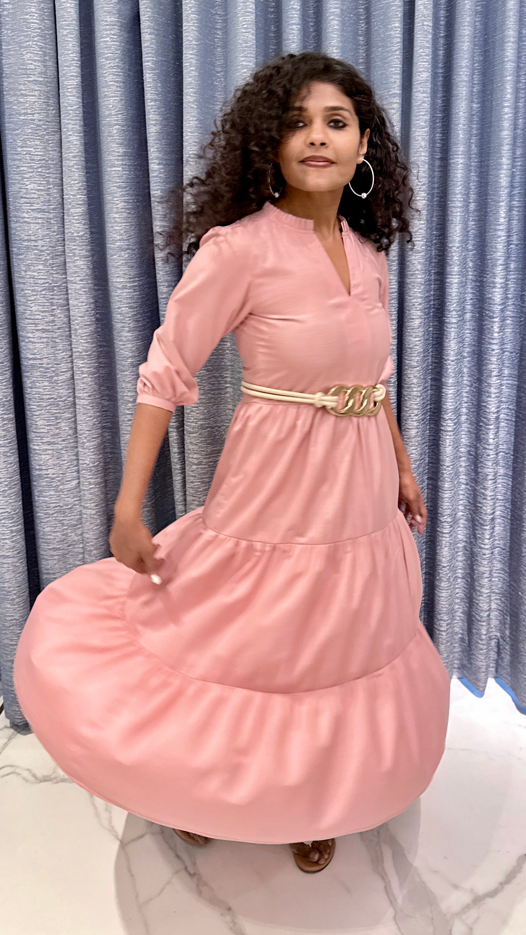 Dusty Rose Cotton Tiered Maxi – 3/4 Puff Sleeve Dress