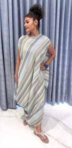 Blue and Olive Striped Asymmetric Dress with Draped Silhouette
