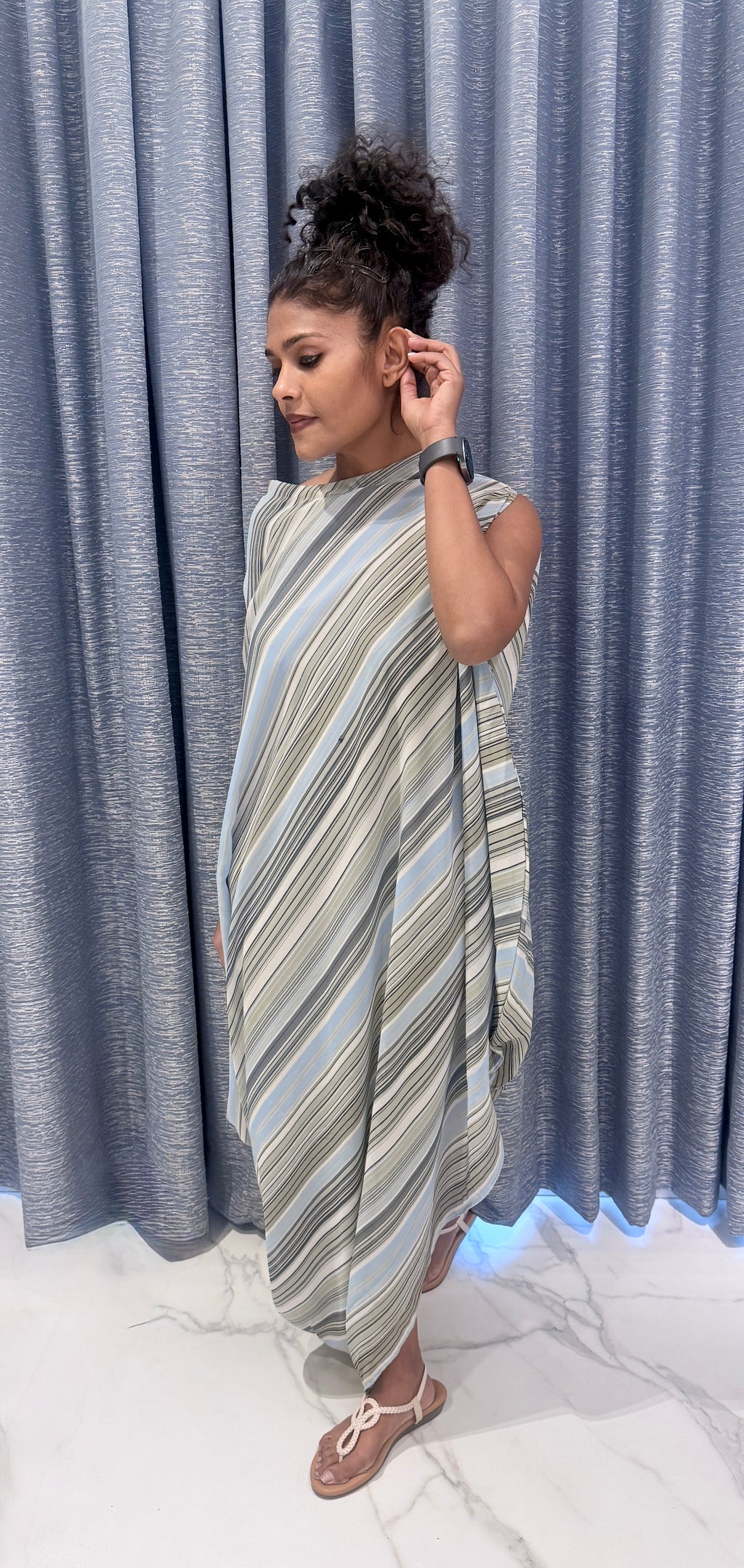 Blue and Olive Striped Asymmetric Dress with Draped Silhouette