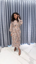 Blush Floral Wrap Midi Dress – Elegant Button-Up Shirt Dress with Puff Sleeves