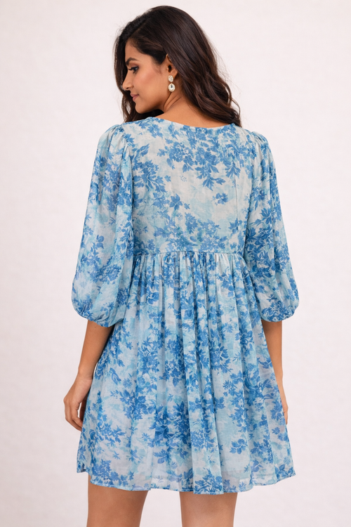 Azure Floral Babydoll Mini Dress