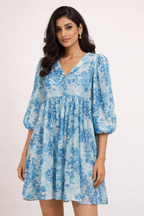 Azure Floral Babydoll Mini Dress