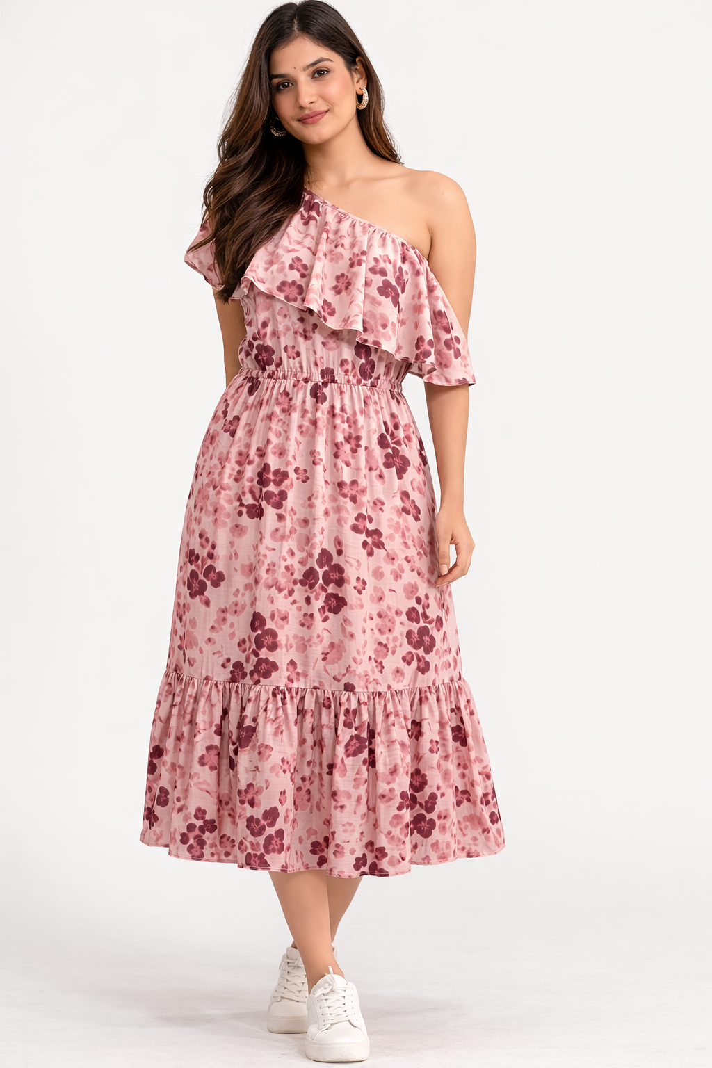 Blush Floral One-Shoulder Midi Dress