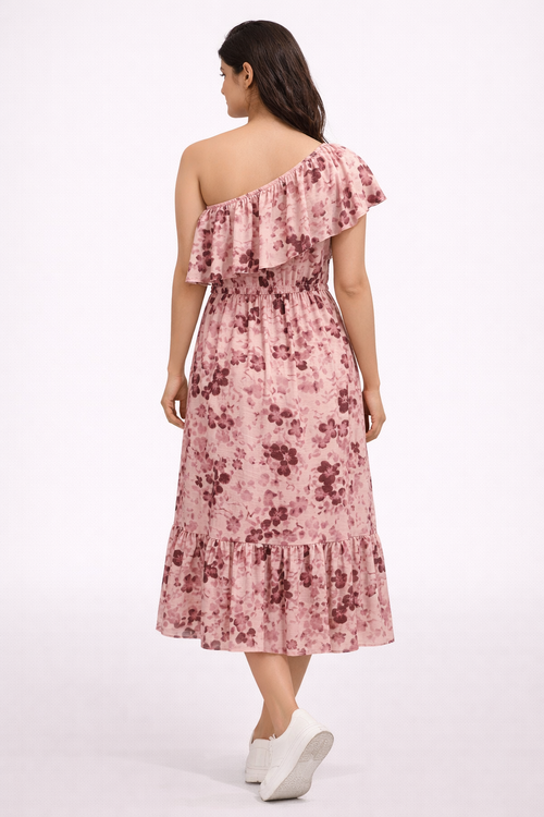 Blush Floral One-Shoulder Midi Dress