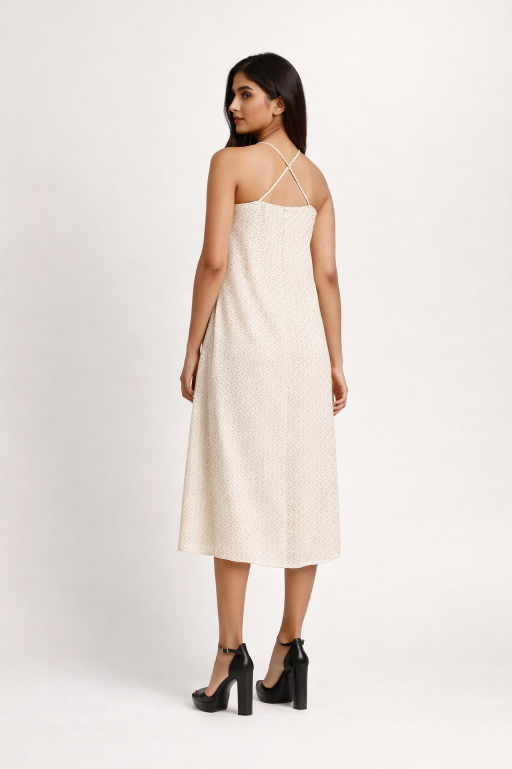 Ecru Ethnic-Print High-Neck Sheath Dress