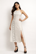 Ecru Ethnic-Print High-Neck Sheath Dress