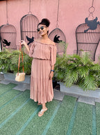 Dusty Rose Pleated Bardot Dress – Flowy Tiered Maxi with Elasticated Waist