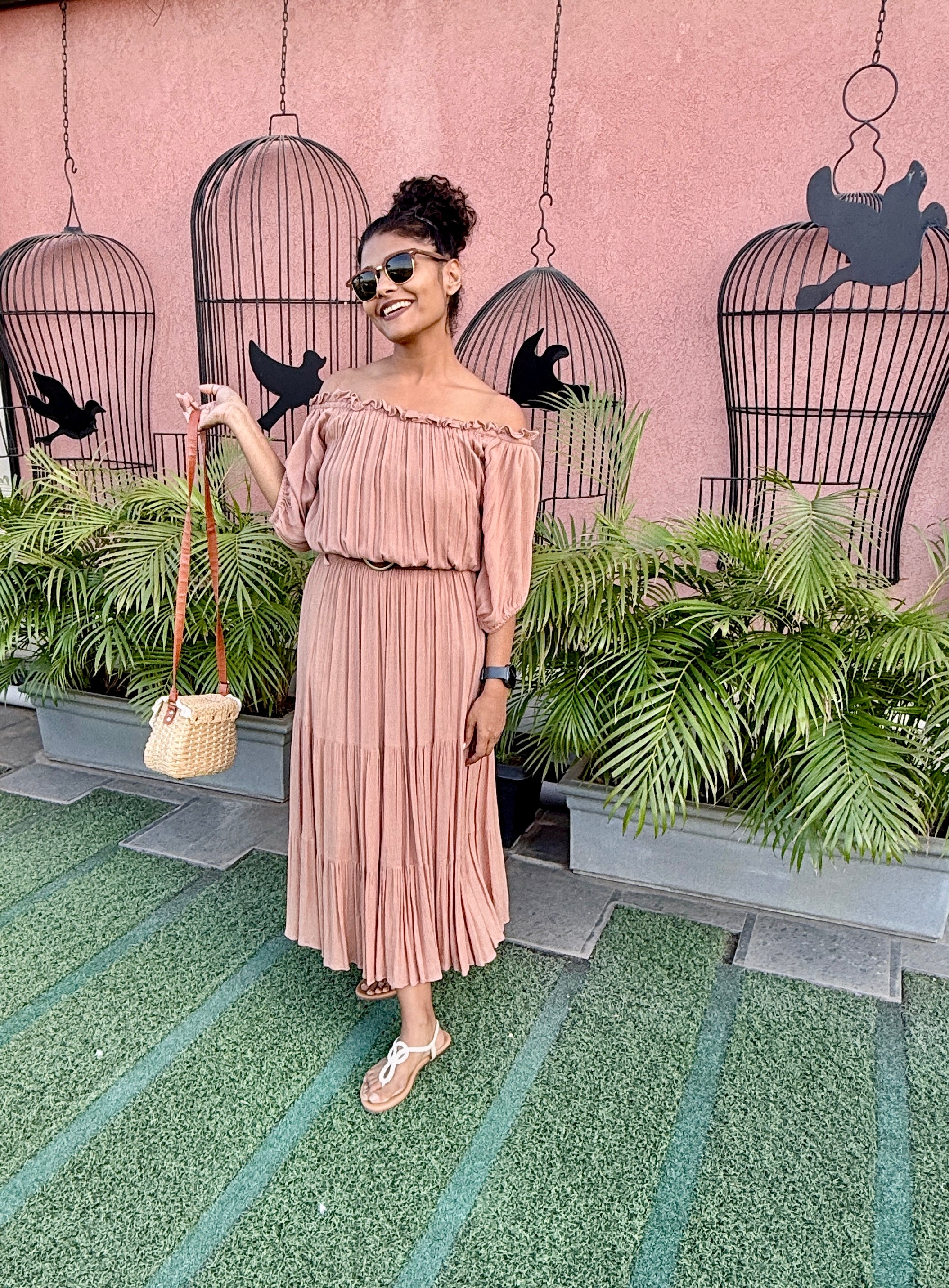 Dusty Rose Pleated Bardot Dress – Flowy Tiered Maxi with Elasticated Waist