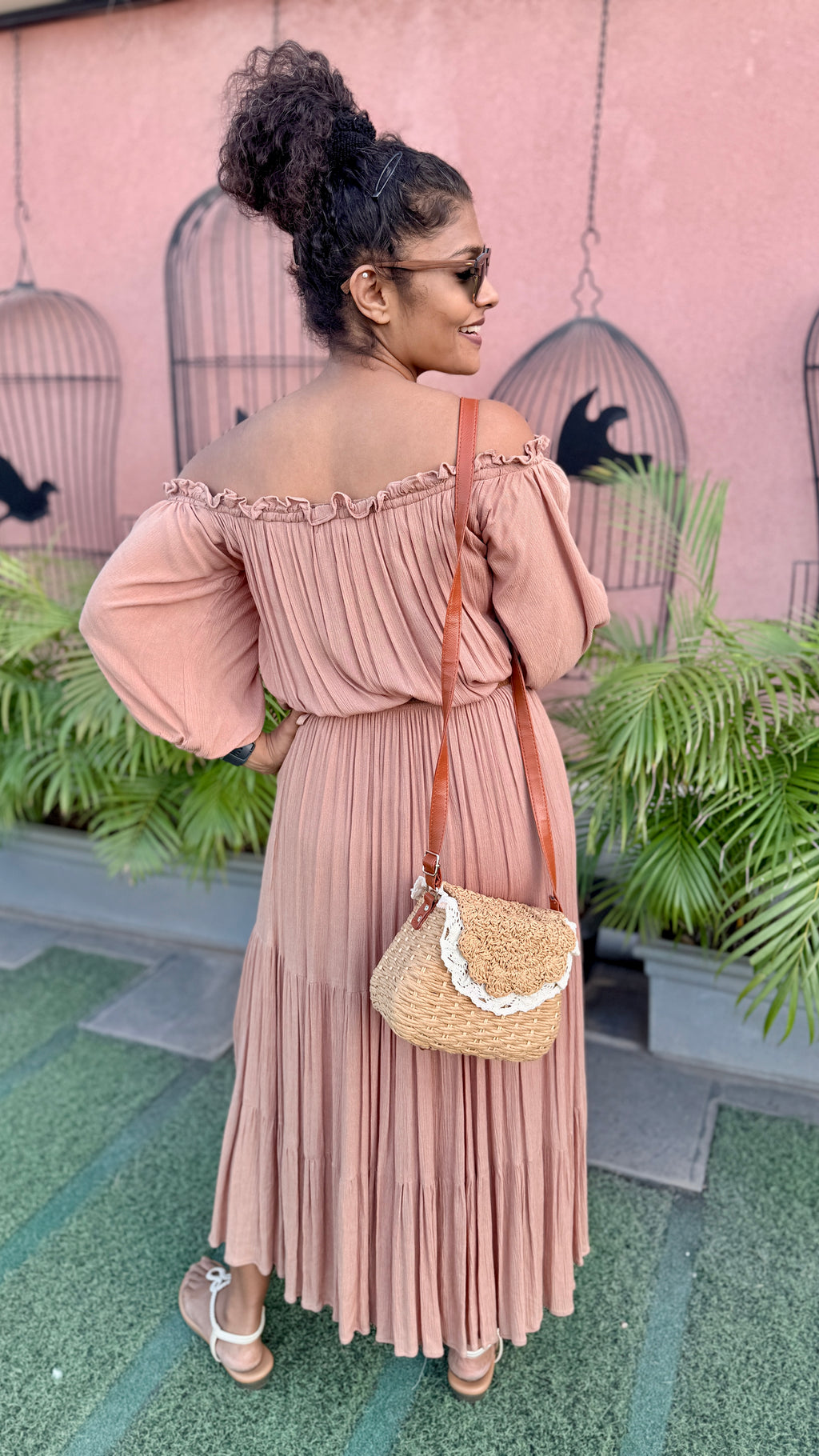 Dusty Rose Pleated Bardot Dress – Flowy Tiered Maxi with Elasticated Waist
