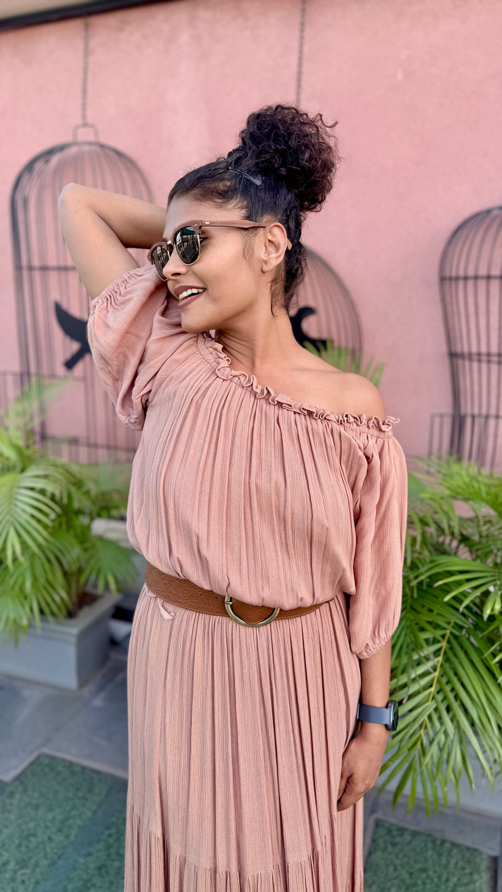 Dusty Rose Pleated Bardot Dress – Flowy Tiered Maxi with Elasticated Waist