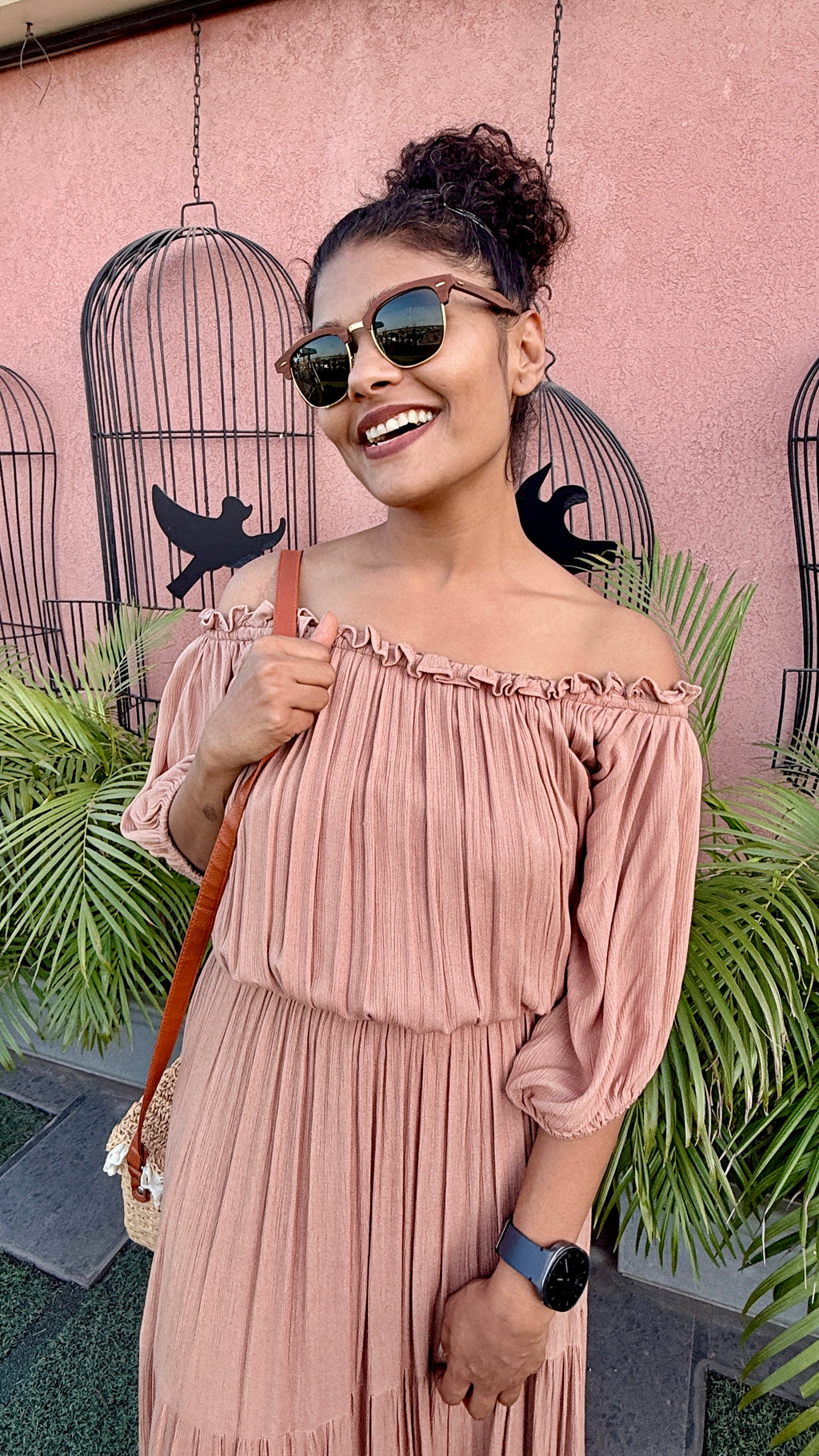 Dusty Rose Pleated Bardot Dress – Flowy Tiered Maxi with Elasticated Waist