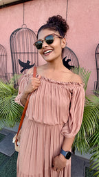 Dusty Rose Pleated Bardot Dress – Flowy Tiered Maxi with Elasticated Waist