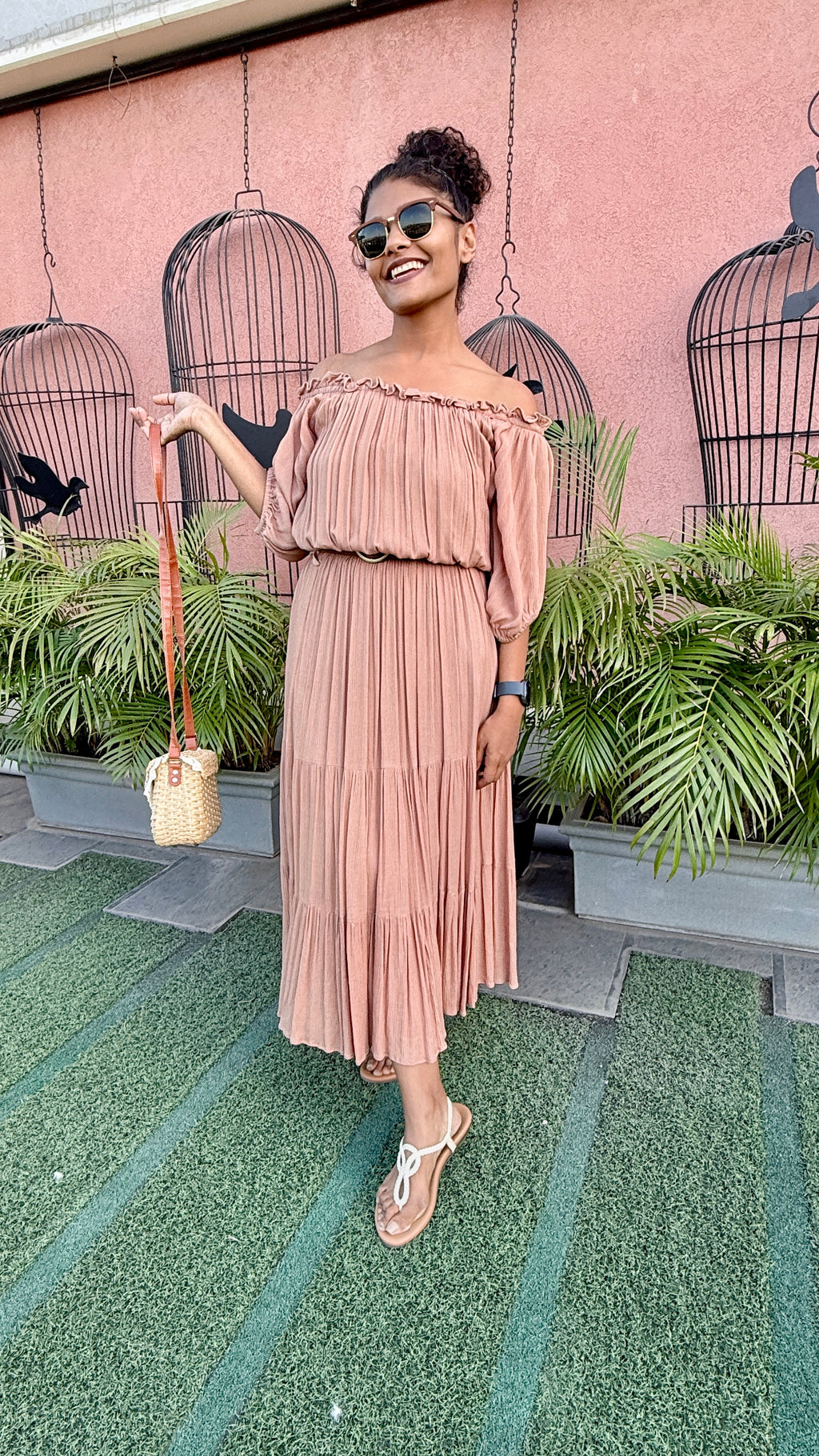 Dusty Rose Pleated Bardot Dress – Flowy Tiered Maxi with Elasticated Waist