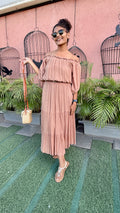 Dusty Rose Pleated Bardot Dress – Flowy Tiered Maxi with Elasticated Waist