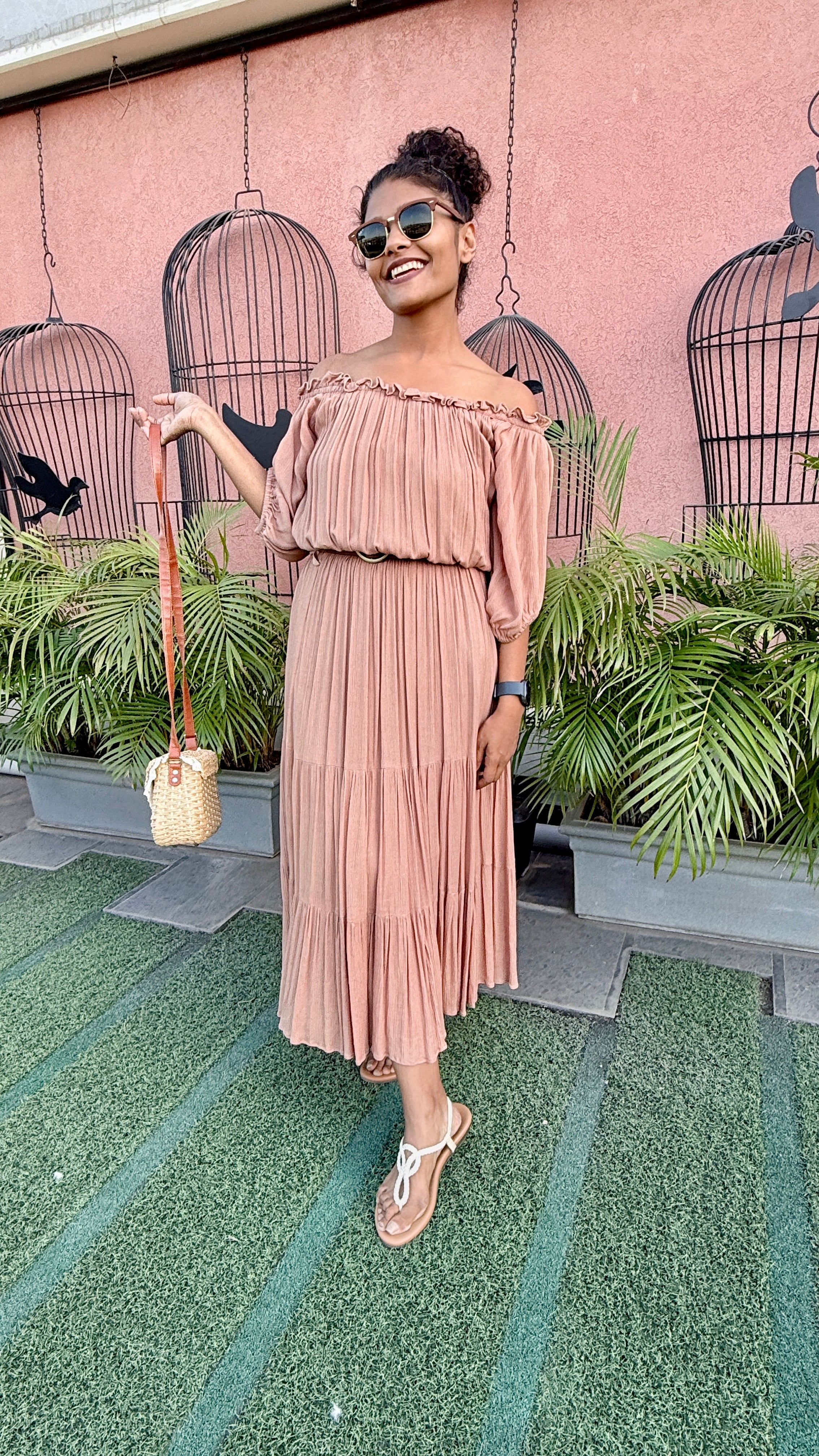 Dusty Rose Pleated Bardot Dress – Flowy Tiered Maxi with Elasticated Waist