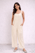 Ivory Schiffli Embroidered Jumpsuit – Sleeveless Wide-Leg Jumpsuit with Lace Details